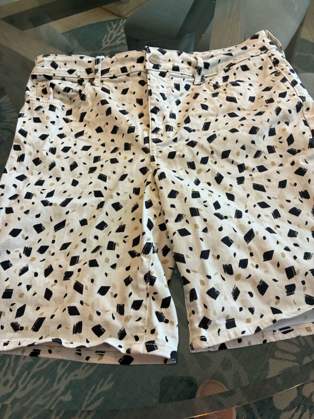 White Patterned Shorts with Black & Gold Speckle. NYDJ